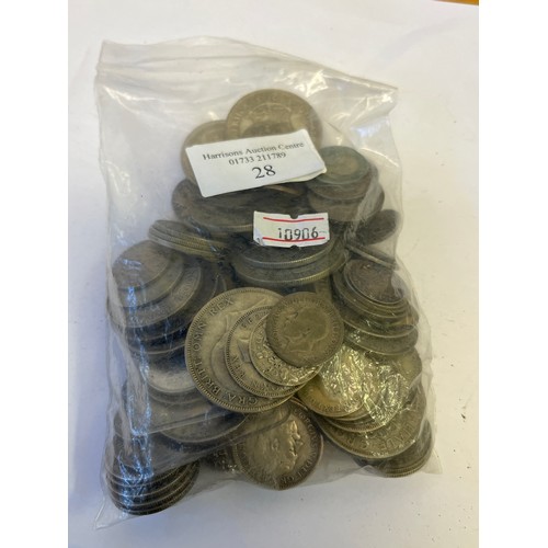 28 - A COLLECTION OF BRITISH SILVER AND P/SILVER COINS H/CROWNS FLORINS SHILLINGS SIXPENCES AND 3d WEIGHT... 