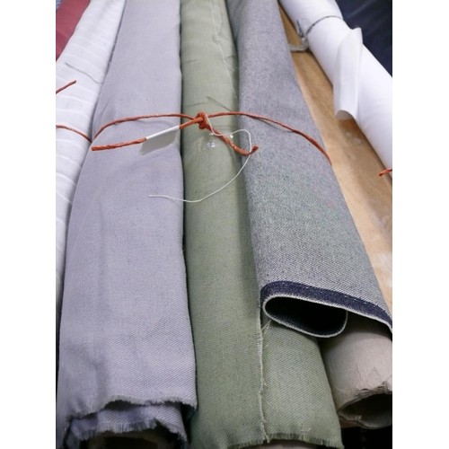 337 - 3 PART ROLLS OF DENIM STYLE FABRIC IN GREEN, BLUE AND GREY