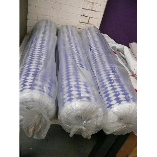 342 - 3 LARGE ROLLS OF GARY RHODES BLUE AND WHITE DIAMOND FABRIC