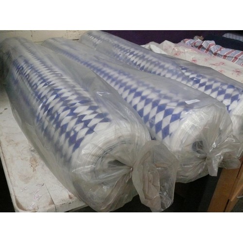 342 - 3 LARGE ROLLS OF GARY RHODES BLUE AND WHITE DIAMOND FABRIC