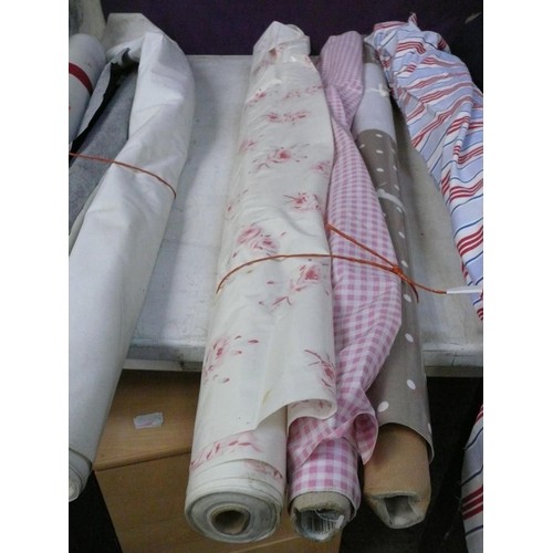 344 - 3 PART ROLLS OF VINYL FABRIC IN PINK ROSE DESIGN, PINK CHECK AND MUSHROOM AND WHITE POLKA DOT