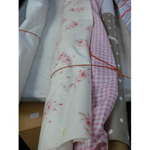 344 - 3 PART ROLLS OF VINYL FABRIC IN PINK ROSE DESIGN, PINK CHECK AND MUSHROOM AND WHITE POLKA DOT