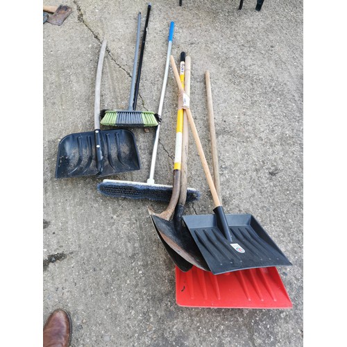 364 - 3 SNOW SHOVELS, 3 BRUSHES AND A SPADE