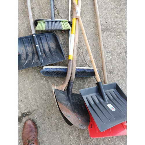 364 - 3 SNOW SHOVELS, 3 BRUSHES AND A SPADE