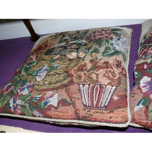 109 - A PAIR OF TAPESTRY CUSHIONS WITH CAT IN FLOWER BASKET