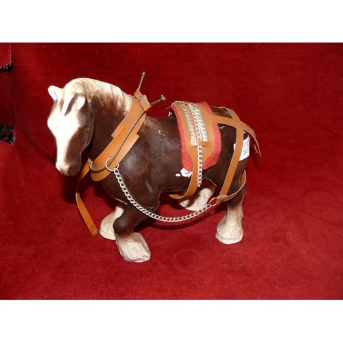 153 - Pottery shire horse figure with wooden barrel cart.