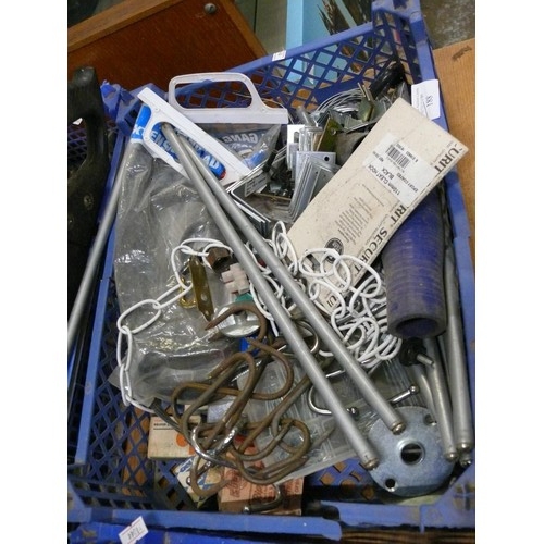 188 - TRAY OF VARIOUS HARDWARE, BRACKETS, HOOKS, CABLE ETC