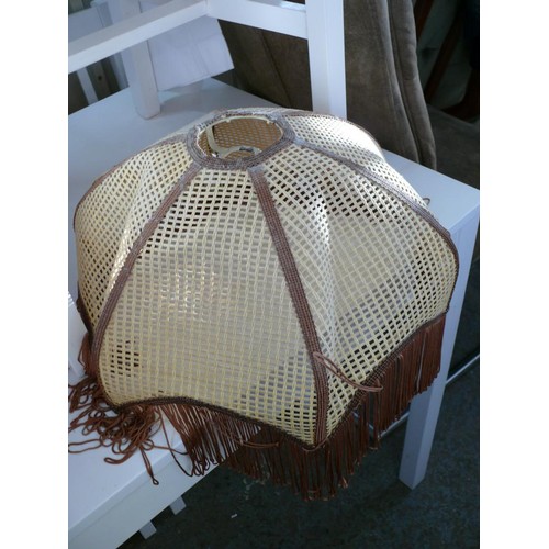 314C - 2 VINTAGE LAMPSHADES ONE CREAM DAMASK WITH TASSELS AND THE OTHER RETRO RATTAN WITH TASSELS