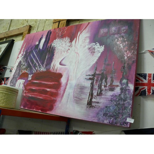 319 - VERY LARGE CANVAS ABSTRACT OIL PAINTING IN PINK AND PURPLE