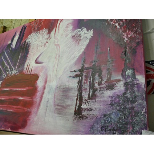 319 - VERY LARGE CANVAS ABSTRACT OIL PAINTING IN PINK AND PURPLE