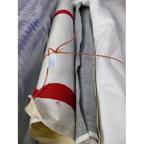 343 - 3 PART ROLLS OF VINYL FABRIC IN CREAM, BLACK AND WHITE