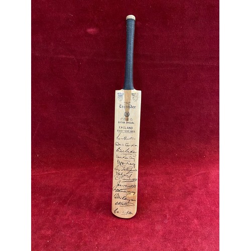 86 - Miniature Nicolls Crusader cricket bat with facsimile signatures from the England first test 1953 te... 