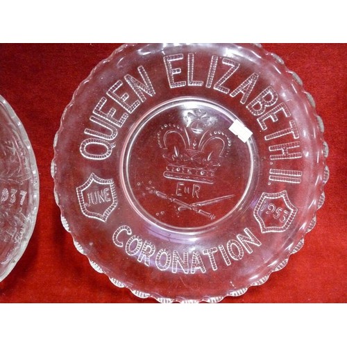 109 - 2x Glass coronation plates, 1x King George VI 1937 & 1x Queen Elizabeth 1953.