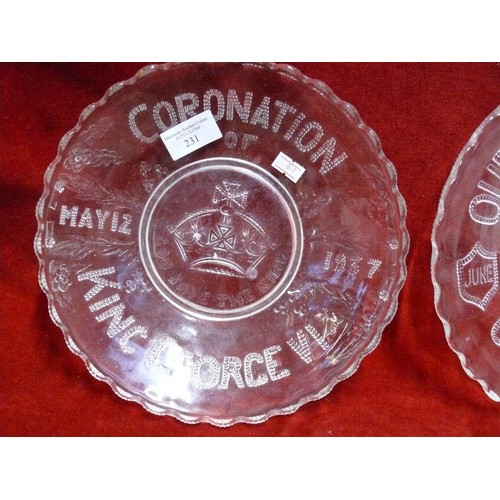 109 - 2x Glass coronation plates, 1x King George VI 1937 & 1x Queen Elizabeth 1953.