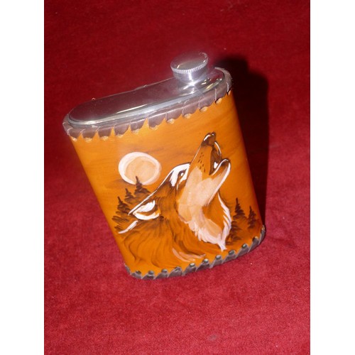 84 - HIPFLASK WITH LEATHER HOWLING WOLF SURROUND, MADE IN RUSSIA