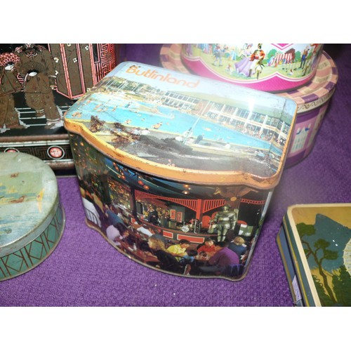 120 - COLLECTION OF VINTAGE TINS, SOME UNUSUAL AND RARE,  QUALITY STREET, RADIANCE TOFFEE, BUTLIN LAND ETC