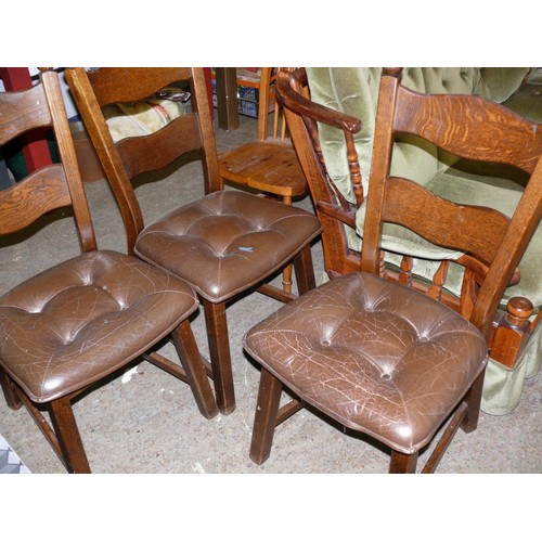 270 - 3 VINTAGE OAK DINING CHAIRS WITH LEATHER SEAT PADS