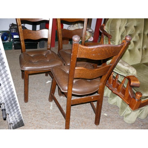 270 - 3 VINTAGE OAK DINING CHAIRS WITH LEATHER SEAT PADS