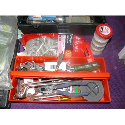 198 - DRAPER TOOL BOX AND CONTENTS PLUS A SELECTION OF SCREWS AND FIXINGS