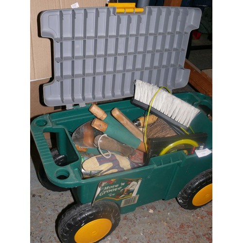 258 - MOVE N GROOVE WHEELED TROLLEY WITH CONTENTS OF GARDEN TOOLS AND ACCESSORIES