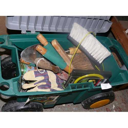 258 - MOVE N GROOVE WHEELED TROLLEY WITH CONTENTS OF GARDEN TOOLS AND ACCESSORIES