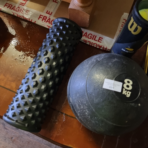 469 - SMALL SPORTS COLLECTION - FOOT PUMP, TENNIS BALLS, 8KG BALL, BACK MASSAGER