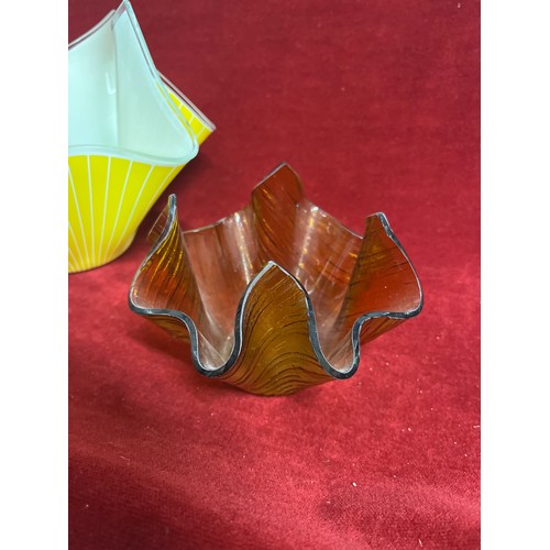 241 - 3 LOVELY GLASS HANDKERCHIEF VASES IN YELLOW, RED AND AMBER