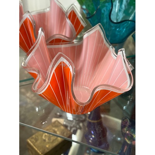 242 - 3 LOVELY GLASS HANDKERCHIEF VASES IN ORANGE BLUE AND GREEN