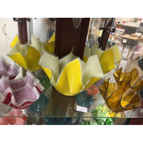 241 - 3 LOVELY GLASS HANDKERCHIEF VASES IN YELLOW, RED AND AMBER