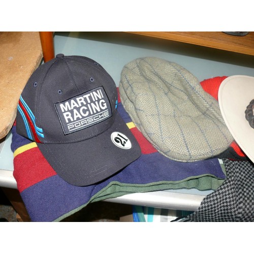 310 - SELECTION OF HATS AND SCARVES TO INCLUDE MARTINI RACING PORSCHE, AUSTRAIAN JACARU, CAPS AND A BARBOU... 