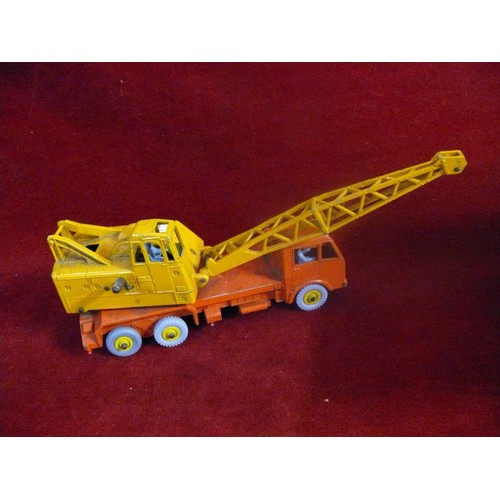 282 - 3 VINTAGE DINKY TOYS, A BLUE GER ENGINE, B.E.V TRUCK & AN ORANGE AND YELLOW CRANE