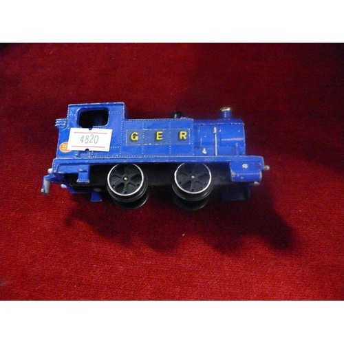 282 - 3 VINTAGE DINKY TOYS, A BLUE GER ENGINE, B.E.V TRUCK & AN ORANGE AND YELLOW CRANE