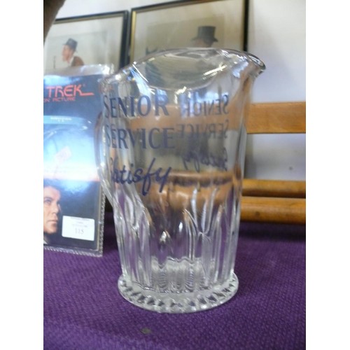 117 - SET OF 4 STAGGERED SIZED GERMAN CRYSTAL VASES PLUS A SENIOR SERVICE SATISFY GLASS JUG