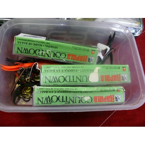 232 - LARGE COLLECTION OF FISHING LURES IN FITTED CASES BY SNOWBEE PLUS A TUB OF LURES