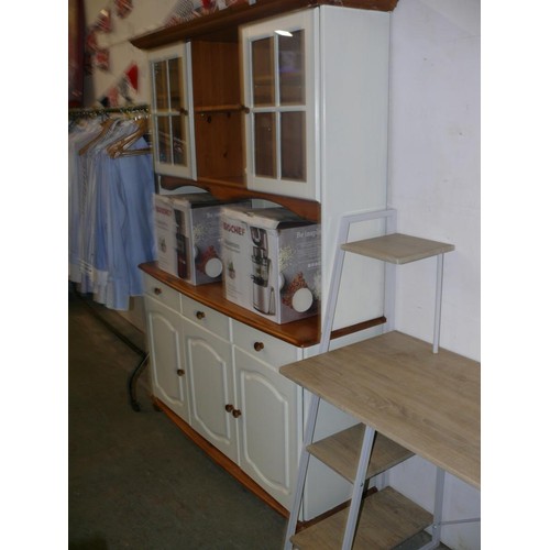 340 - PINE AND WHITE PAINTED DRESSER WITH GLAZED DOORS AND SHELVES TO TOP AND 3 DRAWERS AND 3 DOORS TO BAS... 