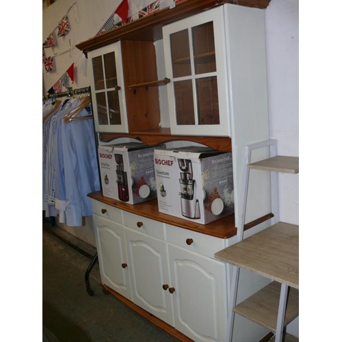 340 - PINE AND WHITE PAINTED DRESSER WITH GLAZED DOORS AND SHELVES TO TOP AND 3 DRAWERS AND 3 DOORS TO BAS... 