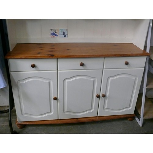 340 - PINE AND WHITE PAINTED DRESSER WITH GLAZED DOORS AND SHELVES TO TOP AND 3 DRAWERS AND 3 DOORS TO BAS... 