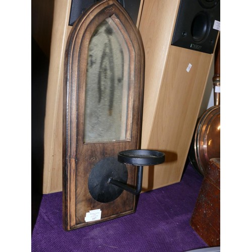 107 - GOTHIC WOODEN WALL ARCHED BEVEL EDGED MIRROR WITH METAL CANDLE HOLDER