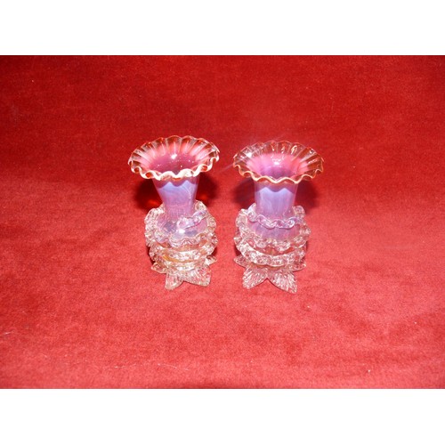 7 - A BEAUTIFUL PAIR OF VICTORIAN CRANBERRY GLASS VASES. VIEWING IS ADVISED AS THERE IS SOME MINOR DAMAG... 