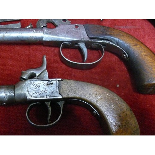 23 - 2 19TH CENTURY PERCUSSION POCKET PISTOLS, 1 WITH SPARE PARTS AND A 19TH CENTURY DOUBLE BARRREL PERCU... 