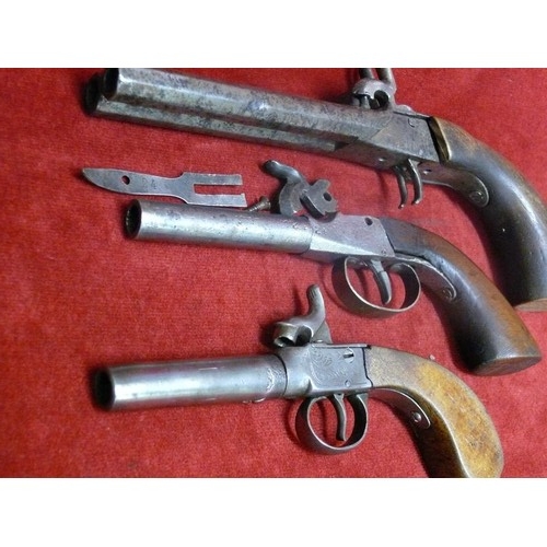 23 - 2 19TH CENTURY PERCUSSION POCKET PISTOLS, 1 WITH SPARE PARTS AND A 19TH CENTURY DOUBLE BARRREL PERCU... 