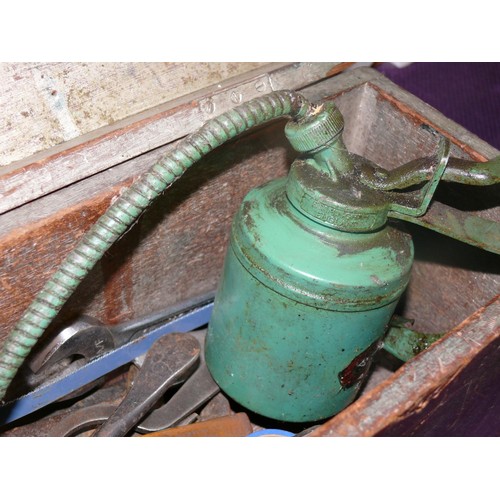 102A - VINTAGE WOODEN BOX WITH CONTENTS OF VINTAGE TOOLS TO INCLUDE AN OIL CAN, SPANNERS, DRILL BITS ETC