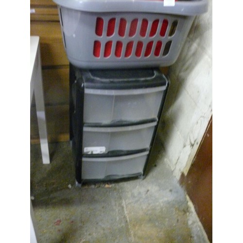 359 - SET OF 3 PLASTIC STORAGE DRAWERS, RED KITCHEN BIN WITH SWING TOP LID AND A LAUNDRY BASKET