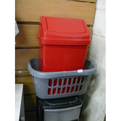 359 - SET OF 3 PLASTIC STORAGE DRAWERS, RED KITCHEN BIN WITH SWING TOP LID AND A LAUNDRY BASKET