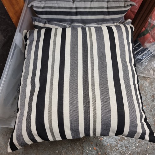 206 - GOOD QUALITY GREY STRIPE CUSHIONS IN A PLASTIC STRAY WITH LID