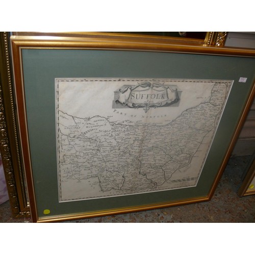 248 - GILT FRAMED BEVEL EDGED WALL MIRROR AND A MAP OF SUFFOLK