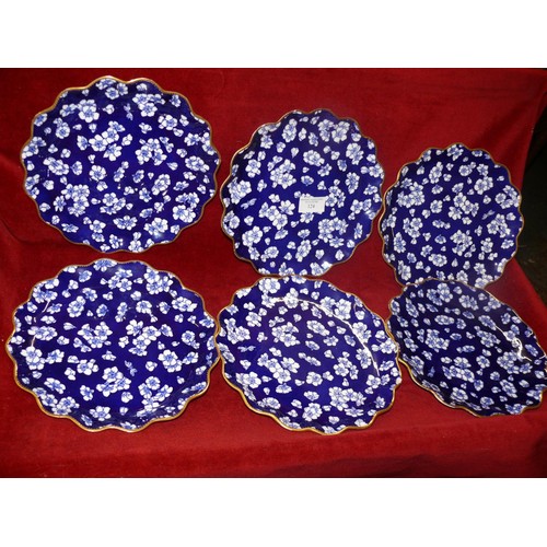 124 - SET OF 6 BLUE AND WHITE FLORAL PLATES WITH GILT EDGING BY COALPORT