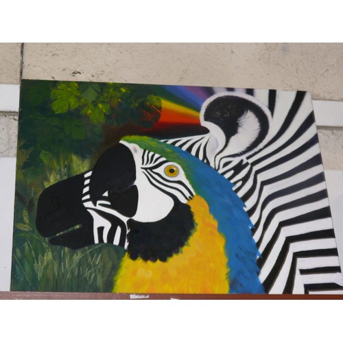 178 - OIL ON CANVAS PAINTING OF PARROT AND ZEBRA