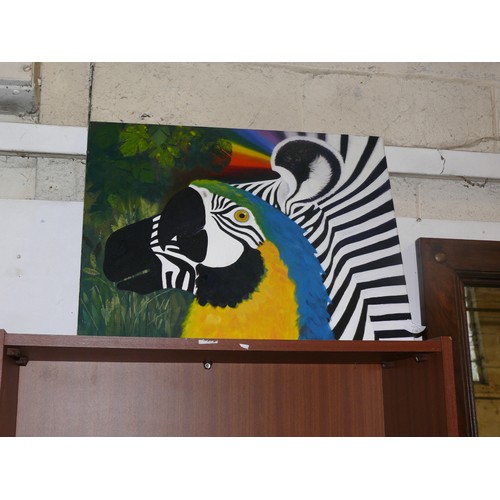 178 - OIL ON CANVAS PAINTING OF PARROT AND ZEBRA