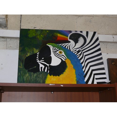 178 - OIL ON CANVAS PAINTING OF PARROT AND ZEBRA